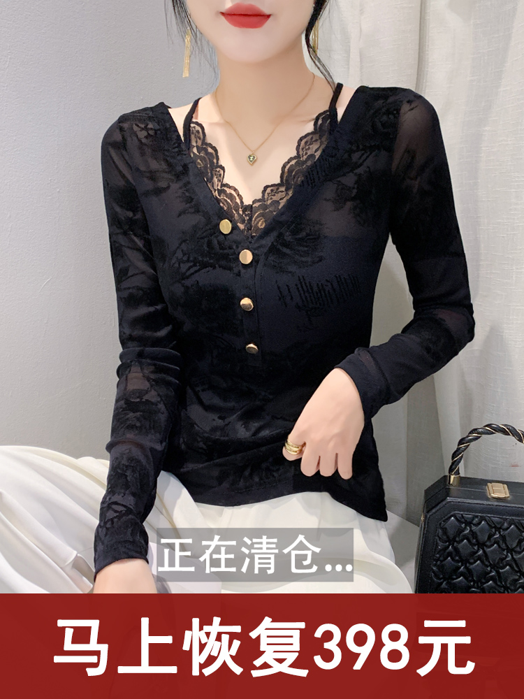 春装新款V领网纱打底衫女韩版蕾丝拼色印花内搭小衫修身显瘦上衣