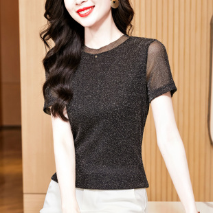 修身 百搭圆领网纱短袖 蕾丝打底衫 T恤女2025夏季 洋气亮丝上衣 薄款