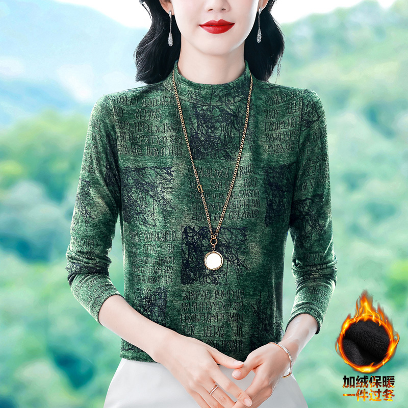 秋冬新款半高领德绒印花打底衫女加绒加厚长袖T恤显瘦百搭上衣潮