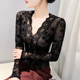 网纱植绒上衣 T恤修身 V领黑色蕾丝打底衫 女士秋冬加绒加厚内搭长袖