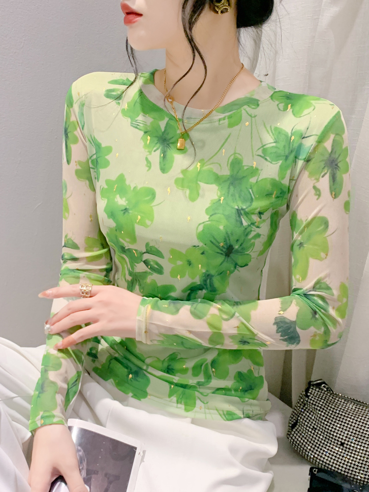 春装新款圆领网纱打底衫女大码修身长袖T恤别致小衫烫金花色上衣