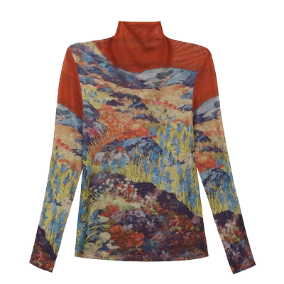 花色半高领网纱打底衫女洋气上衣