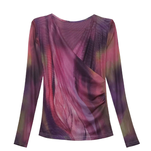 韩版交叉v领打底衫女长袖网纱T恤时尚花色设计感褶皱减龄洋气上衣