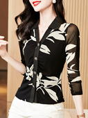 修身 女春秋打底衫 显瘦时髦印花撞色洋气上衣 衬衫 气质V领网纱长袖