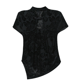 国风新中式盘扣短袖T恤女夏季2024新款修身网纱上衣别致植绒小衫