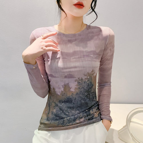 圆领网纱打底衫春装内搭长袖T恤