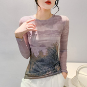 气质显瘦蕾丝上衣 网纱打底衫 秋冬圆领印花长袖 T恤女内搭2024新款