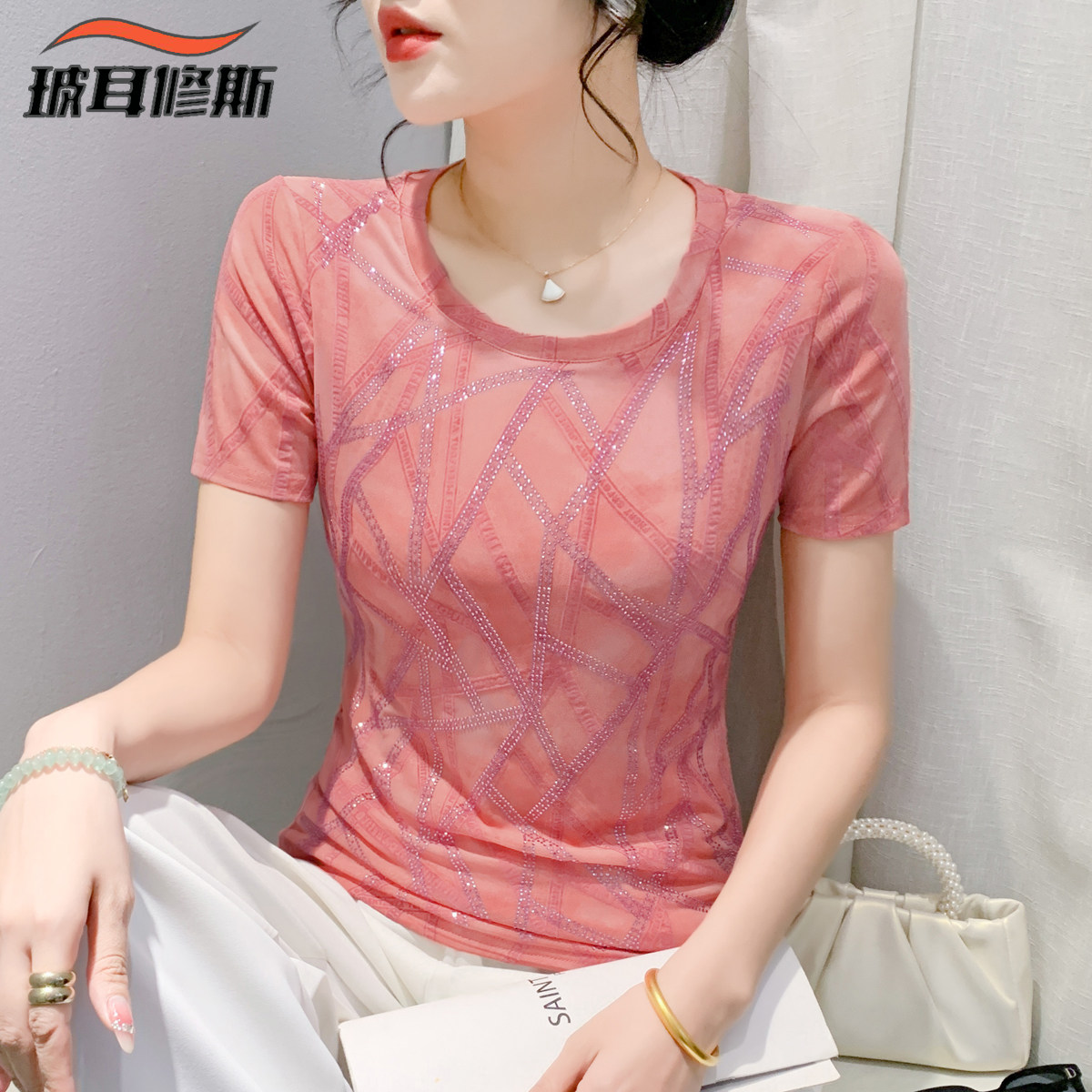 气质圆领短袖t恤女夏季大码遮肚子显瘦条纹烫金网纱上衣洋气小衫