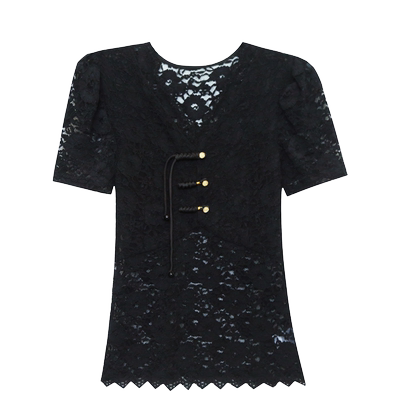 V领镂空蕾丝衫盘扣设计感上衣