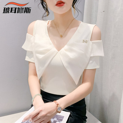 夏季V领短袖T恤女设计感雪纺蝴蝶结露肩气质上衣修身显瘦洋气小衫