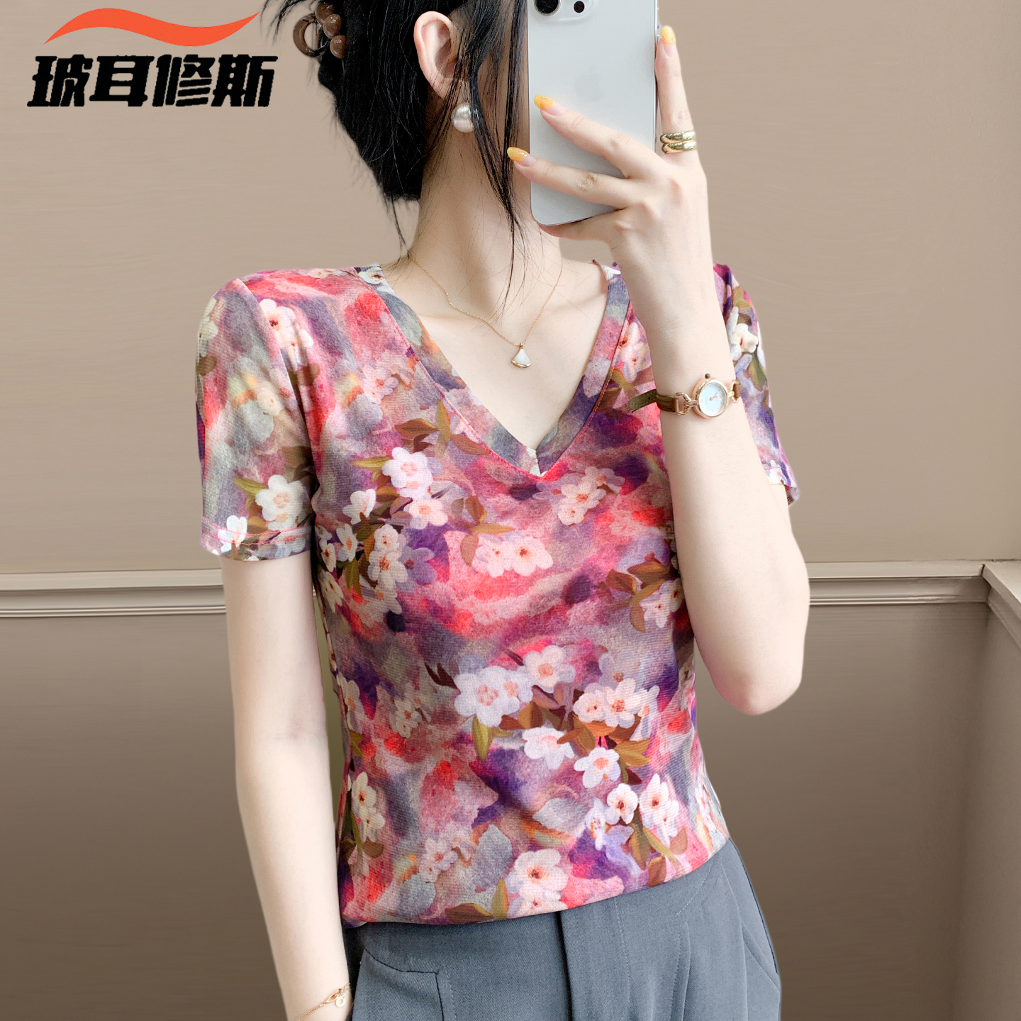 高端印花网纱上衣女士v领短袖t恤夏季新款显瘦漂亮妈妈小个子T恤