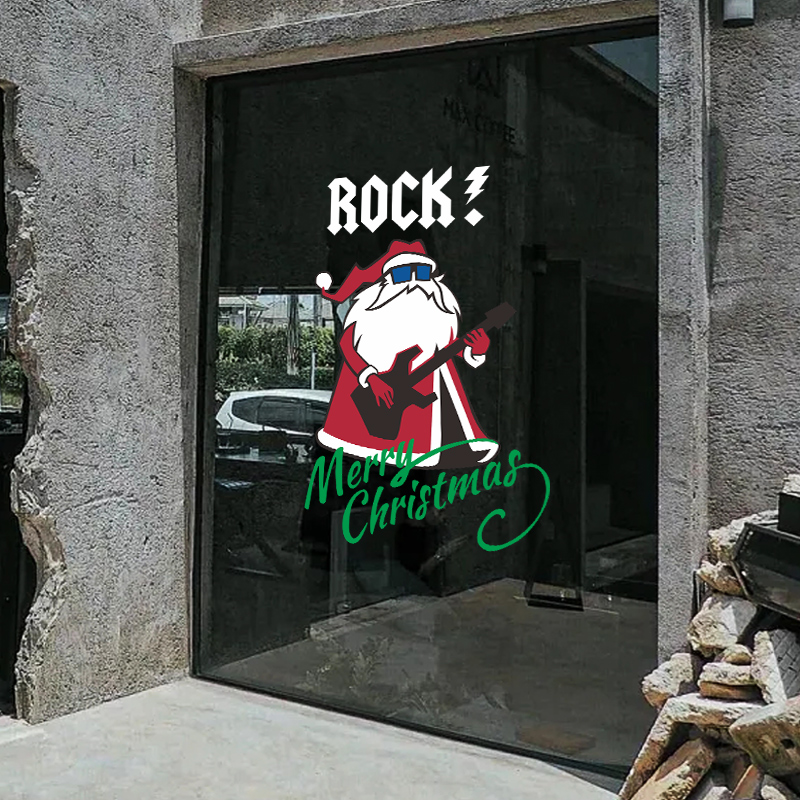 圣诞节装饰店铺音乐节橱窗布置活动主题圣诞老人吉他唱歌玻璃贴纸