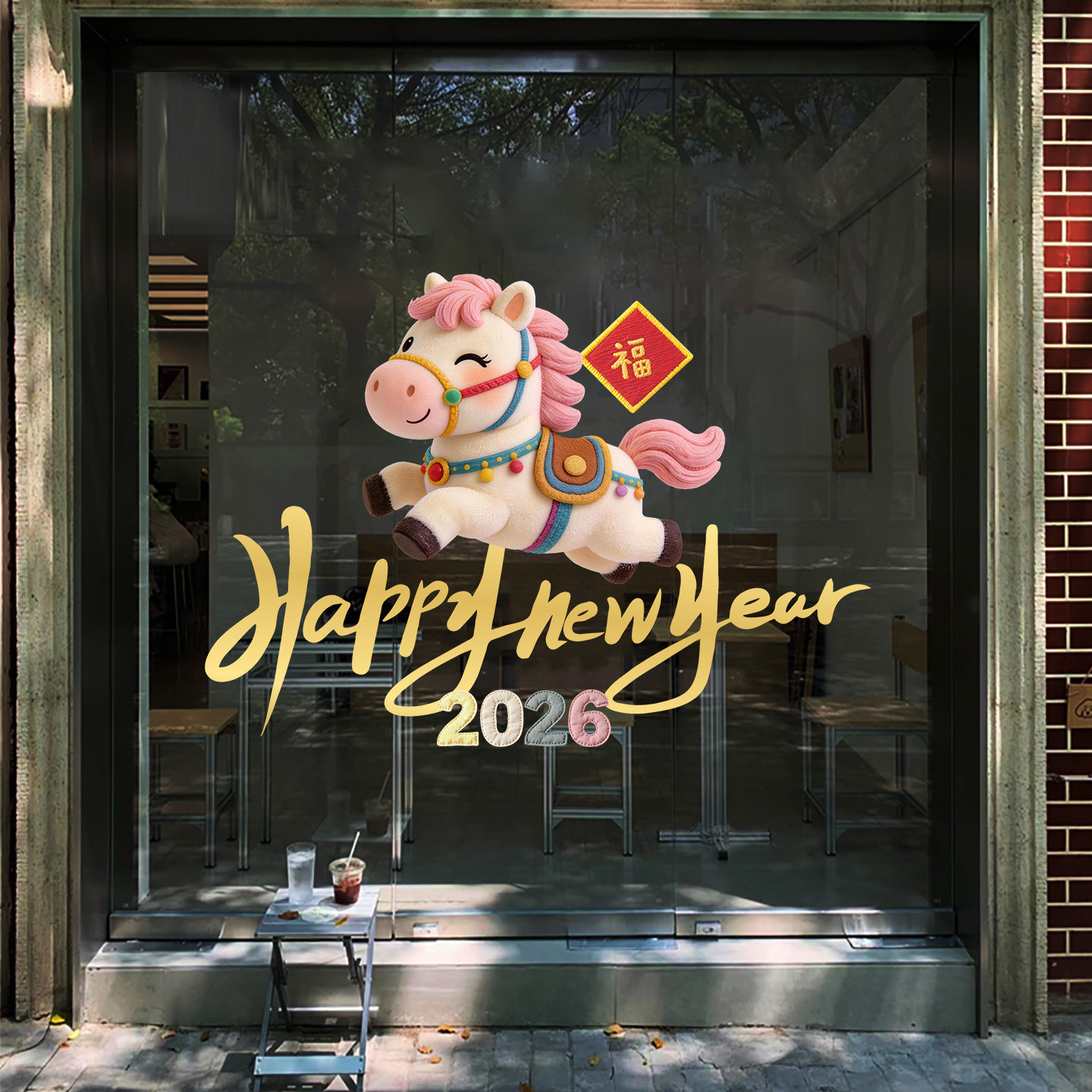 2026新年快乐橱窗窗花装饰卡通粉色福气马年玻璃门贴布置店铺窗贴,家居饰品,软装墙贴,淘宝优惠券,粉丝福利购,淘宝优惠卷