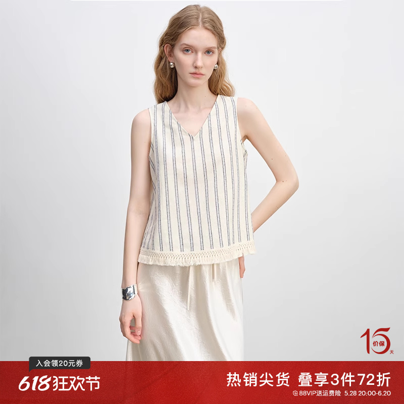 自巧小个子波嬉度假风复古条纹背心女2025夏季新款亚麻无袖上衣