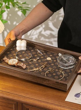 中古复古长方形桌面家用首饰摆件钥匙玄关收纳盒轻奢皮革茶盘托盘