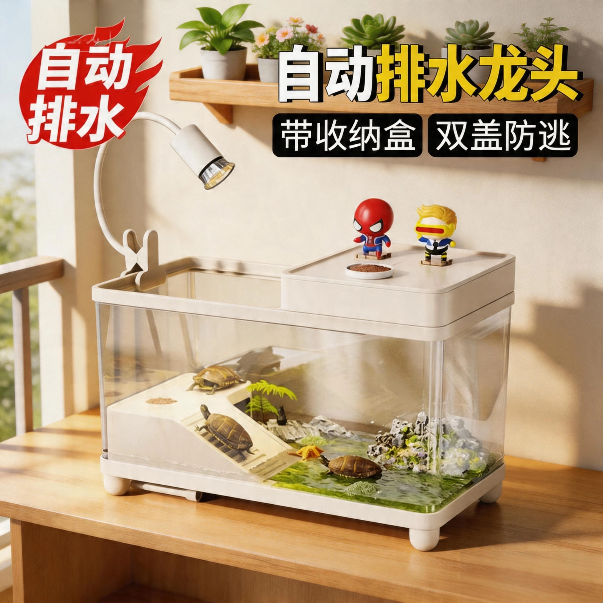 乌龟饲养缸生态造景家用带盖小型豪华别墅爬台底部排水箱巴西龟缸