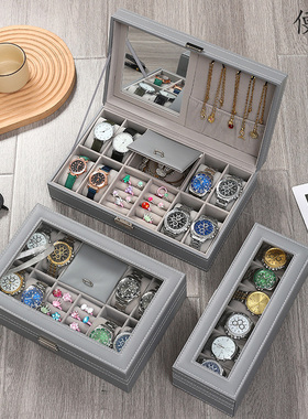 便雅高级版灰色皮革带锁手表首饰收纳盒戒指耳环项链饰品盒手表盒