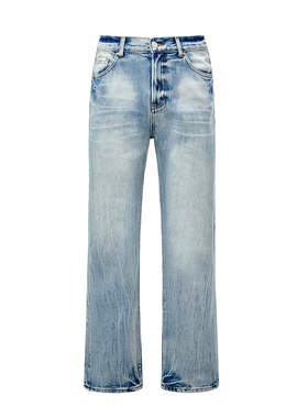 Erole冰蓝落色闪电纹复古水洗牛仔裤cleanfit做旧微喇Vintage517