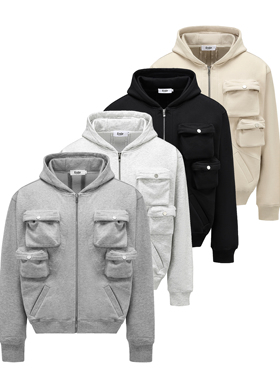 Erole 450g重磅廓形boxy口袋卫衣宽松基础纯色中性连帽拉链外套