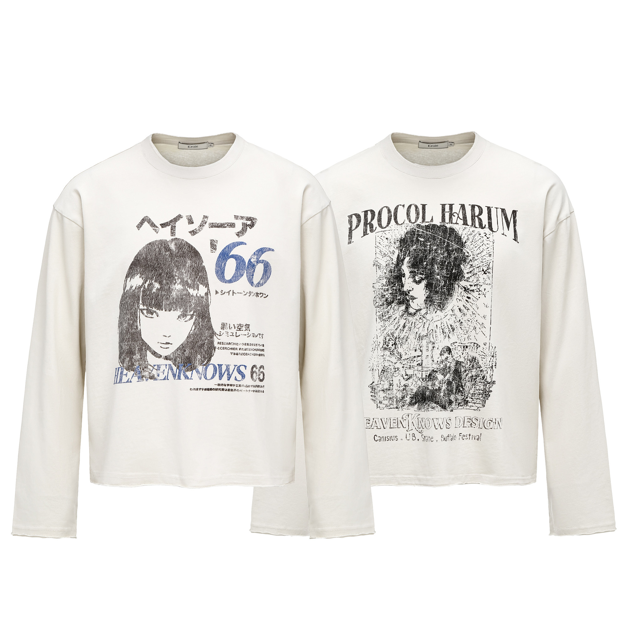 【官方正品】EssorNovus 涩谷女孩250g做旧破边数码印花长袖T恤