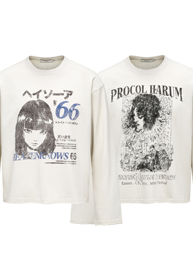 Erole「原创正品」涩谷女孩250g做旧破边数码印花长袖vintageT恤