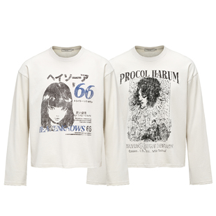 vintageT恤 印花长袖 Erole「原创正品 」涩谷女孩250g做旧破边数码