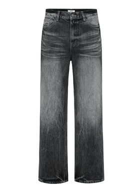 Erole褶皱烟黑色闪电水洗牛仔裤cleanfit做旧微喇Vintage517黑牛