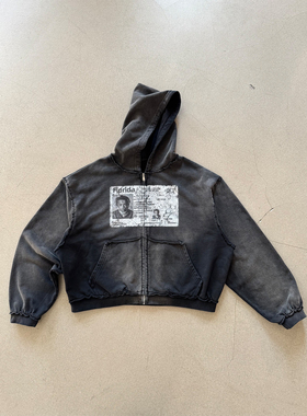 Erole XXXtentation 400克护照印花毛边水洗做旧拉链帽衫卫衣纯棉