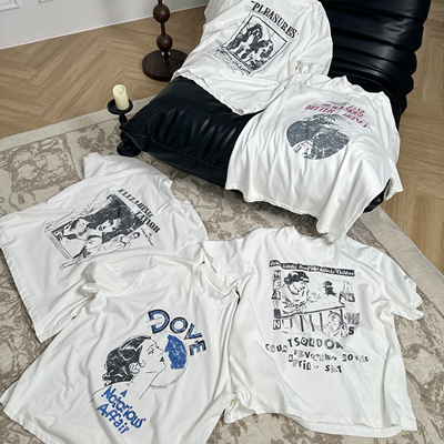 单缝线康利印花复古破坏短袖