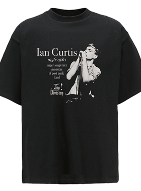 Erole 300g黑色半袖白墨复古乐队印花短袖小领口vintage纯棉T恤
