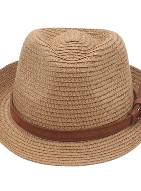 草帽小礼帽皮带配饰小爵士帽短檐草编绅士男欧美风特里比帽trilby