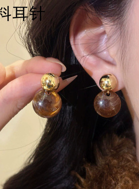 塑料针硅胶耳钉复古琥珀色晕染耳坠不易过敏圆形亚克力耳环养耳洞