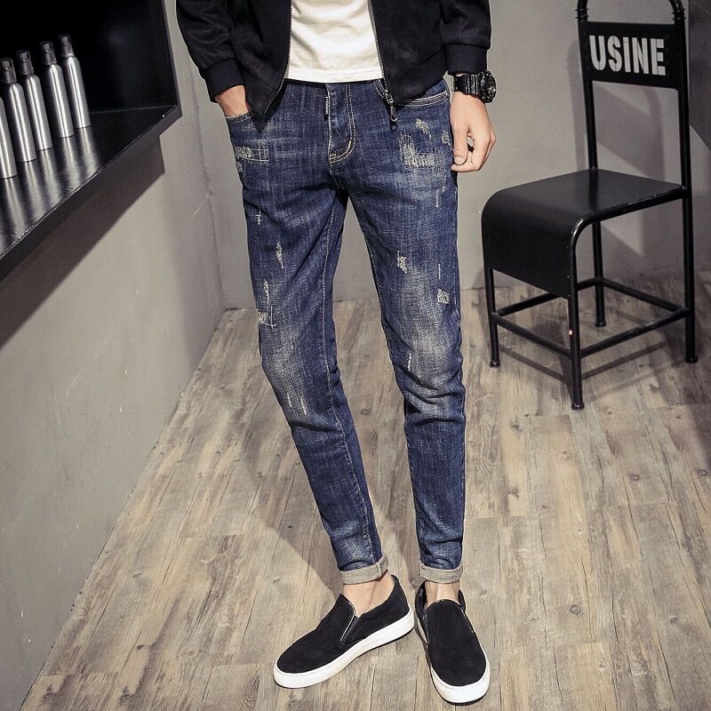 紧身九分牛仔裤男抓痕修身小脚潮流韩版新款长裤百搭水洗轻奢裤子
