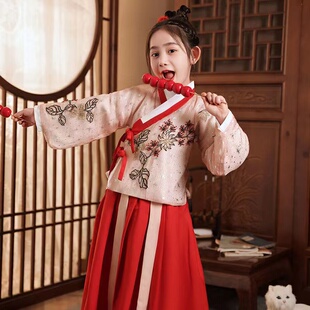 女童汉服秋冬宋代璎珞公主裙宋制加绒女孩樱花服儿童藕粉儿童保暖