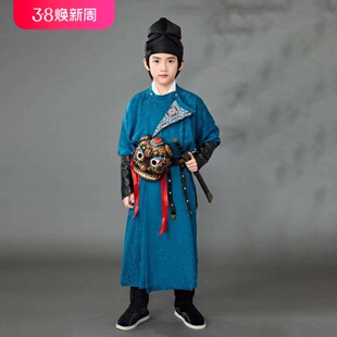 男童汉服唐朝男宝侠客风圆领长袍古装侍卫服演出服蓝色飞鱼锦衣卫