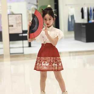红色新中式女童汉服马面裙儿童短款套装古风汉元素高端大气半身裙