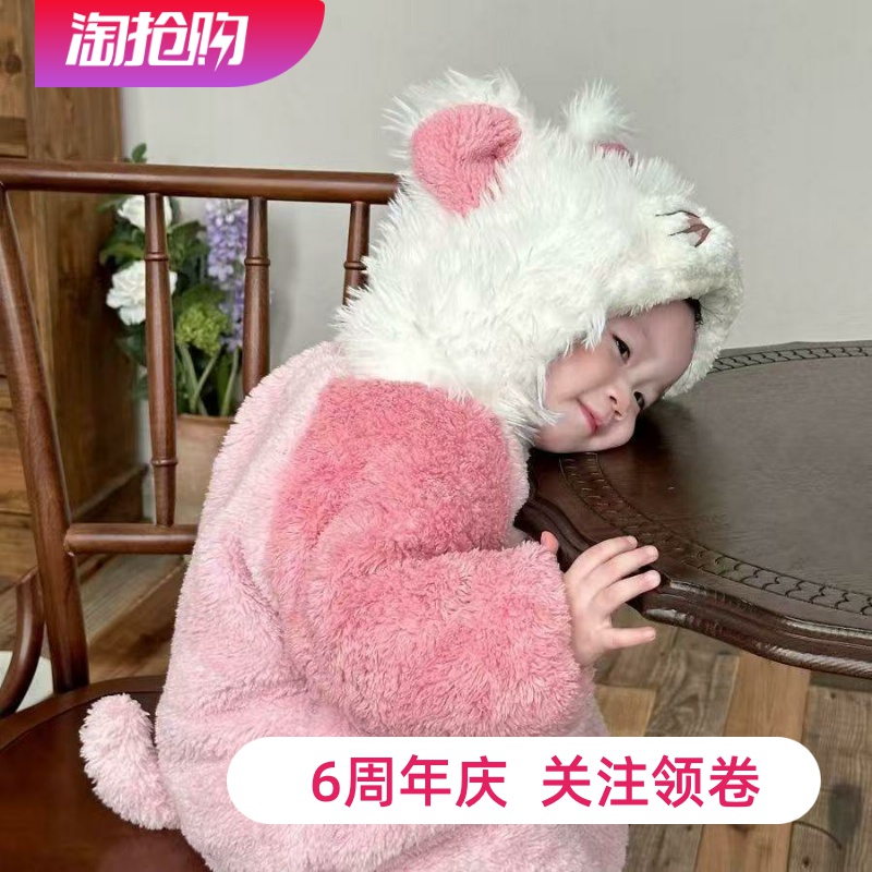小猫女宝宝爬爬服冬季儿童加绒连体衣睡衣女童珊瑚绒婴幼儿家居服