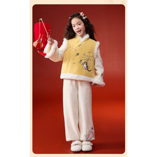 女童新中式国风假两件冬季加绒加厚拜年服保暖黄色小猫咪唐装马甲