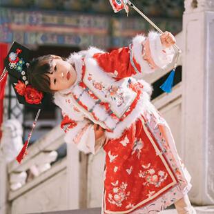 爆款女童汉服清朝格格服加厚国风毛毛冬季中式马甲拜年服对襟满族
