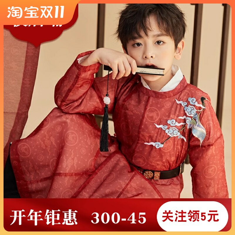 高端男童汉服童春秋款帅气唐装中国风演出服古装少爷国学红袍套装 - 实物图