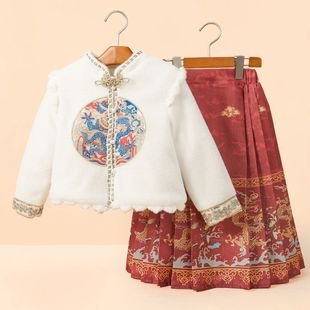 女童拜年服冬季 大童唐装 新品 新年装 童装 儿童汉服棉衣加绒面裙套装