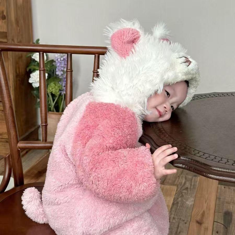 小猫女宝宝爬爬服冬季儿童加绒连体衣睡衣女童珊瑚绒婴幼儿家居服
