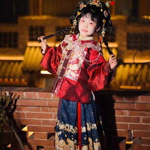 龙蛇贺春明制汉服女童对襟琵琶袖上衣印花马面裙套装儿童拜年服冬