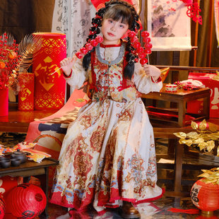 国风套装 汉服女童民族风女宝宝传统马甲上衣裙子三件套复古洛丽塔