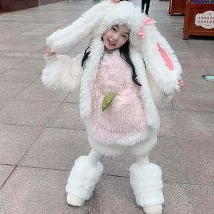 女童毛绒兔子套装秋冬季毛毛衣可爱女宝宝洋气保暖儿童加厚网红