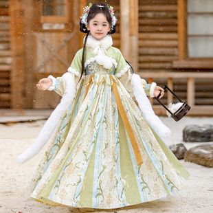 汉服女童唐制国风拜年服冬季加绒2026马年过年服保暖绿色连衣裙