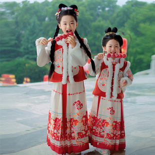 女童汉服秋冬改良版日常中国风过年新衣古装红色马面裙加厚明制宋