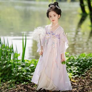 唐制女童齐胸汉服紫汐小女孩日常古风连衣裙演出服饰嫦娥仙女紫色