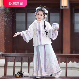 月霜明制汉服女童对襟加绒刺绣立领上袄马面裙套装小女孩古装冬季