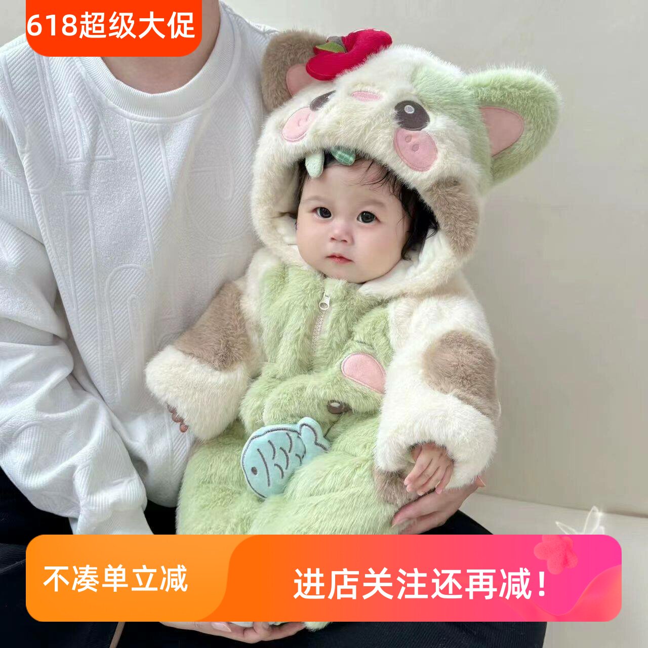 婴幼儿冬季加绒加厚保暖连体衣卡通冬季夹棉哈衣加厚毛毛衣外出服